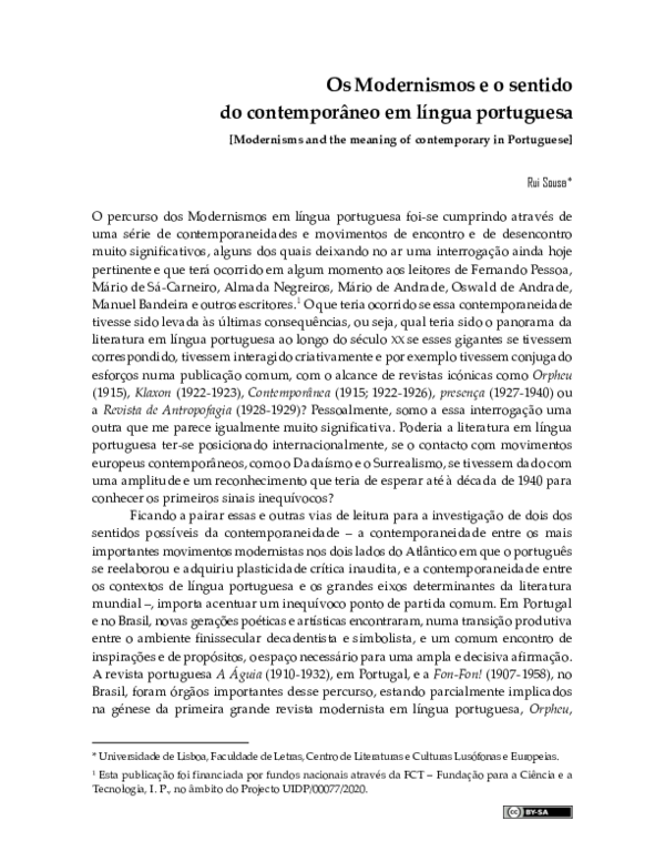 First page of “Os Modernismos e o sentido do contemporâneo em língua portuguesa”