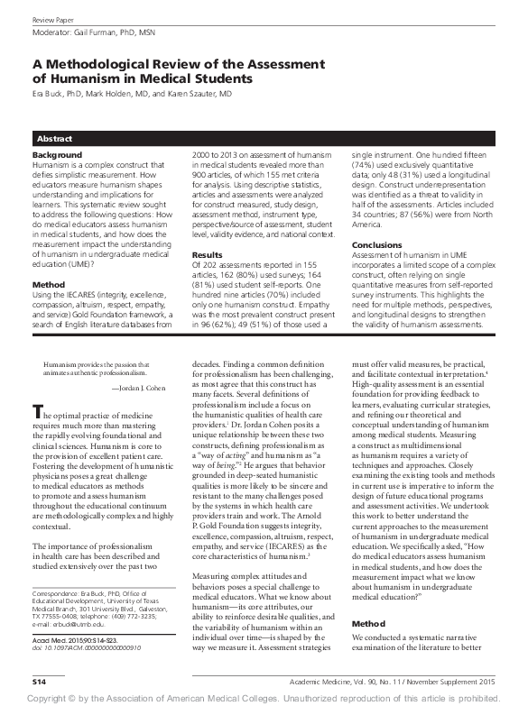 First page of “A Methodological Review of the Assessment of Humanism in Medical Students”