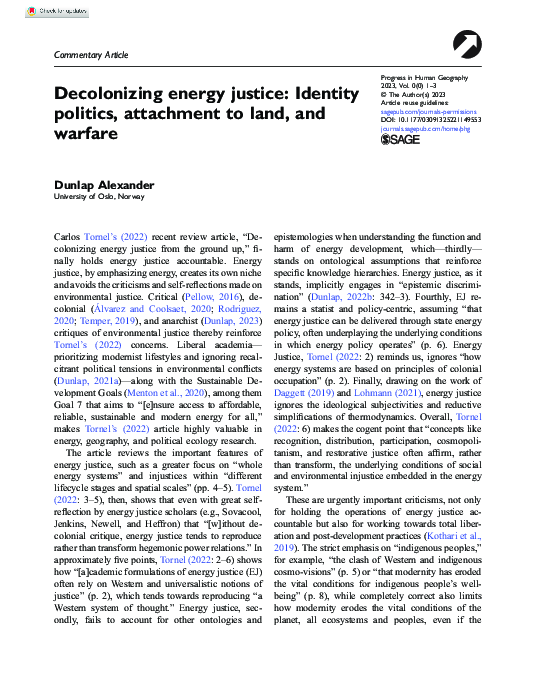 First page of “Decolonizing energy justice: Identity politics, attachment to land, and warfare”