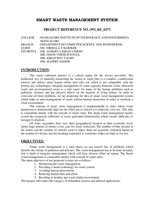 First page of “Smart Waste Management System”