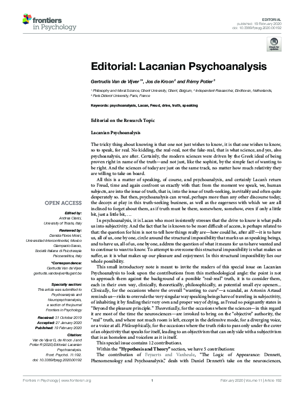 First page of “Editorial: Lacanian Psychoanalysis”