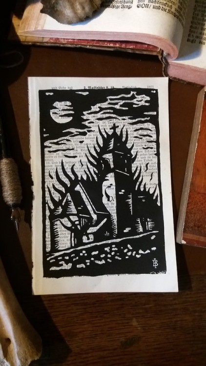burning church, limited linoprint on a 100 years old bible page
available at. www.etsy.com/de/shop/haereticum