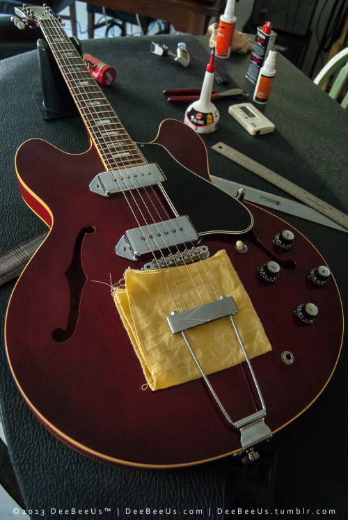 The project of the day was to re-mount the original Kluson white button tuners on my 1966 ES-330.
Earlier this year I had been experiencing stickiness and backlash in the stock tuners, so had replaced them with modern reissues (from Allparts or...