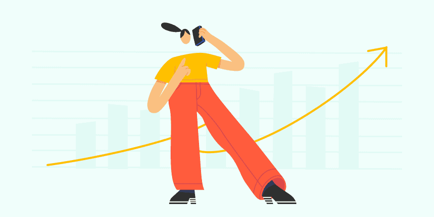 Illustration of a person on the phone standing in front of a chart