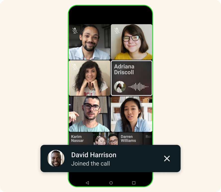 Phone screen showing a group call on WhatsApp.