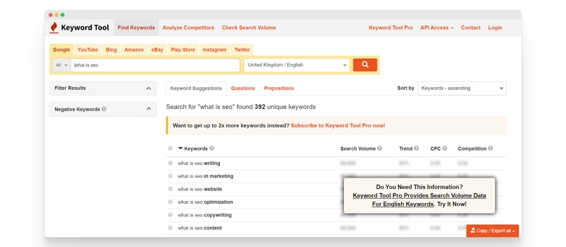 Ein Screenshot, der die Features von Keyword Tool zeigt.