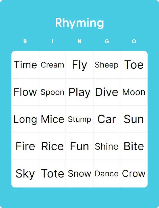 Rhyming bingo card template