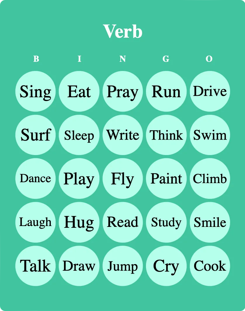 Verb bingo card template