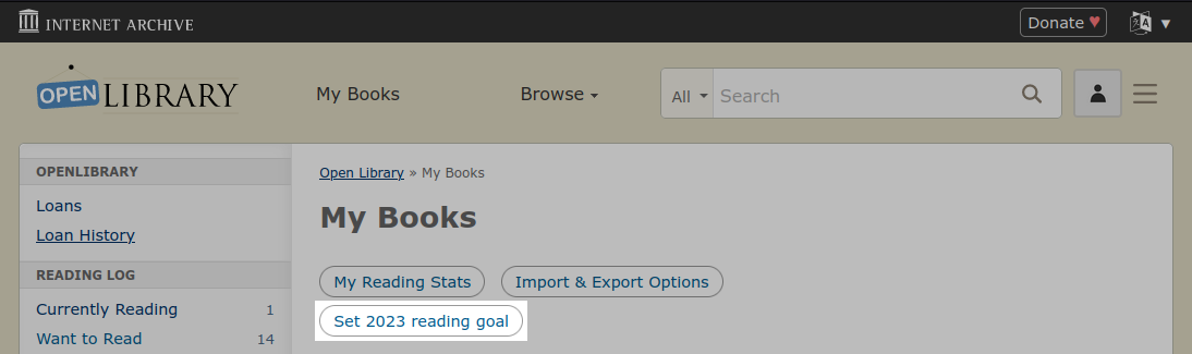 Screenshot of My Book page with "Set 2023 reading goal" highlighted