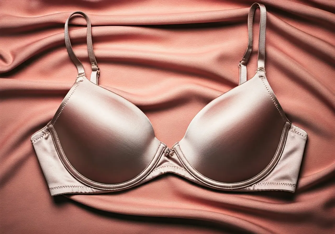 A silky plunge bra displayed against a soft, delicate fabric. 35mm stock photo