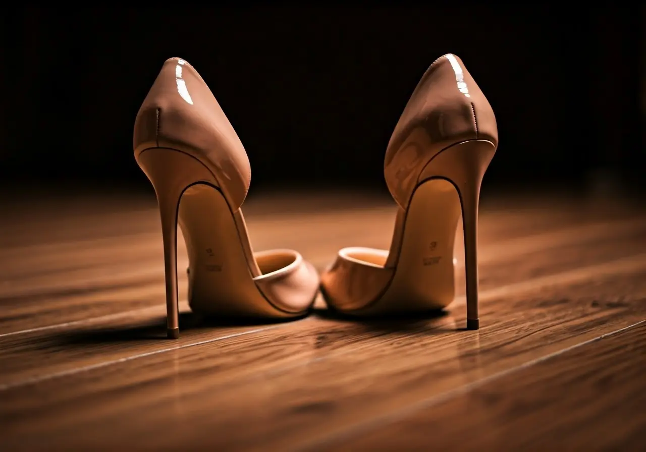 A close-up of elegant stiletto heels on a wooden floor. 35mm stock photo