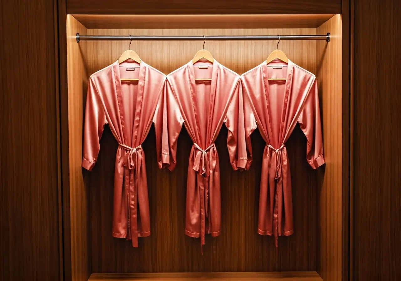 Satin robes hanging neatly in a bright, airy closet. 35mm stock photo