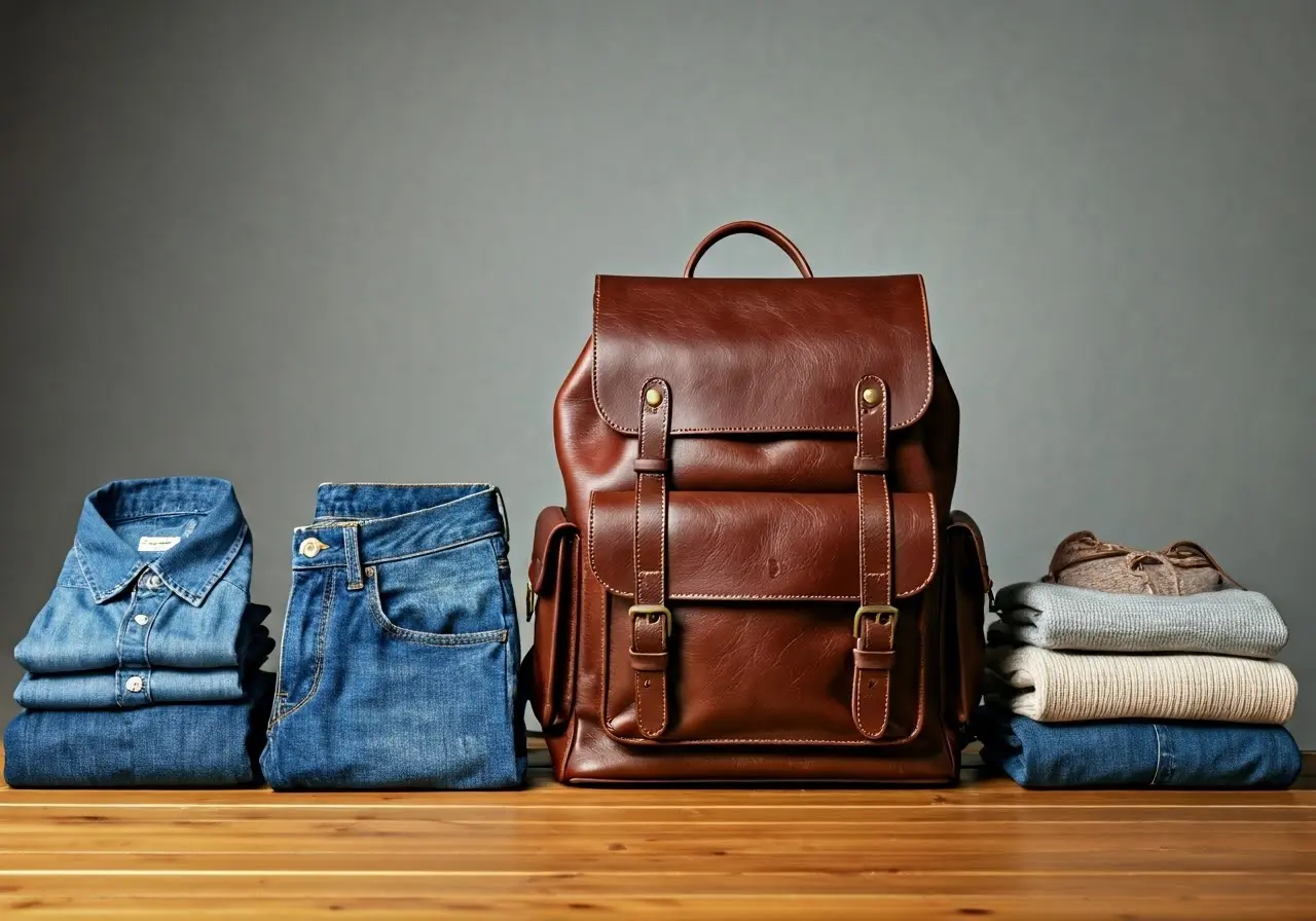 A leather backpack with stylish outfits laid out nearby. 35mm stock photo