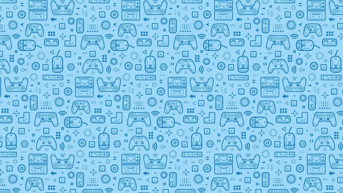 Dark blue icons of video game controllers on a light blue background