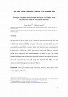 Research paper thumbnail of Foreign markets entry mode decision for SMEs. Key factors and role of industrial districts