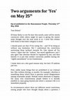 Research paper thumbnail of Two arguments for Yes on May 25th (Roscommon People, May 17th, 2018)