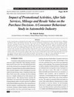 Research paper thumbnail of Impact of Promotional Activities, After Sale Services, Mileage and Resale Value on the Purchase Decision- A Consumer Behaviour Study in Automobile Industry