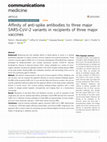 Research paper thumbnail of Affinity of anti-spike antibodies to three major SARS-CoV-2 variants in recipients of three major vaccines