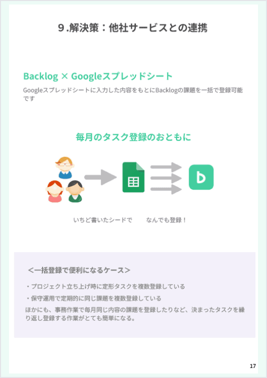 Backlogと他社サービスとの連携について説明している資料画像