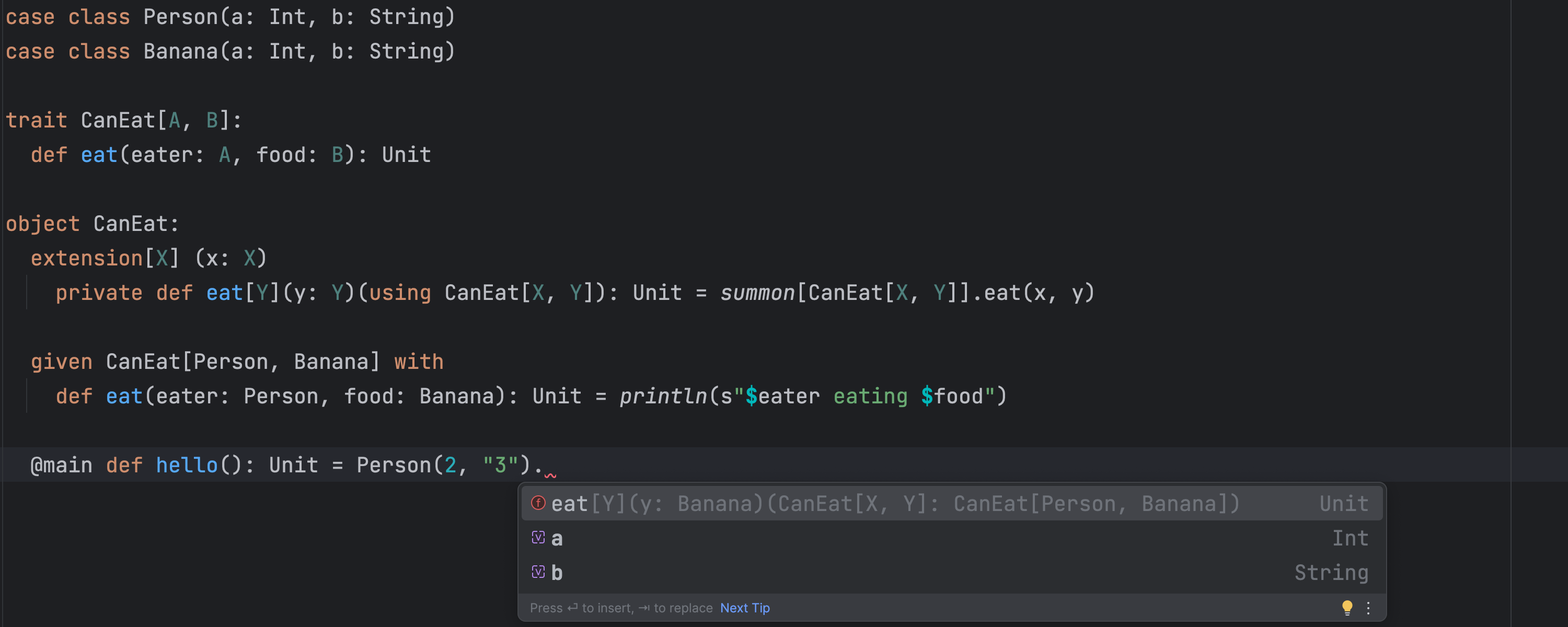 The hint shows types for the using clause inferred from the available given declaration