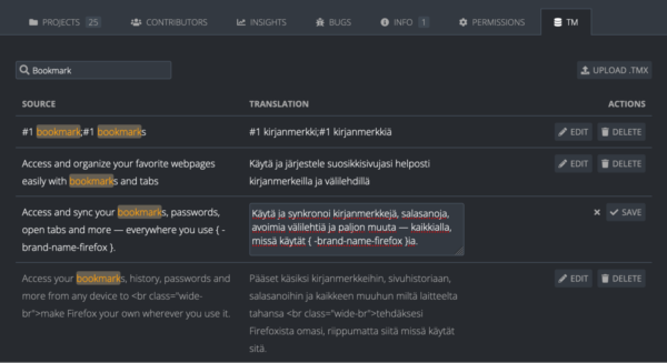 Screenshot of translation memory management in Pontoon