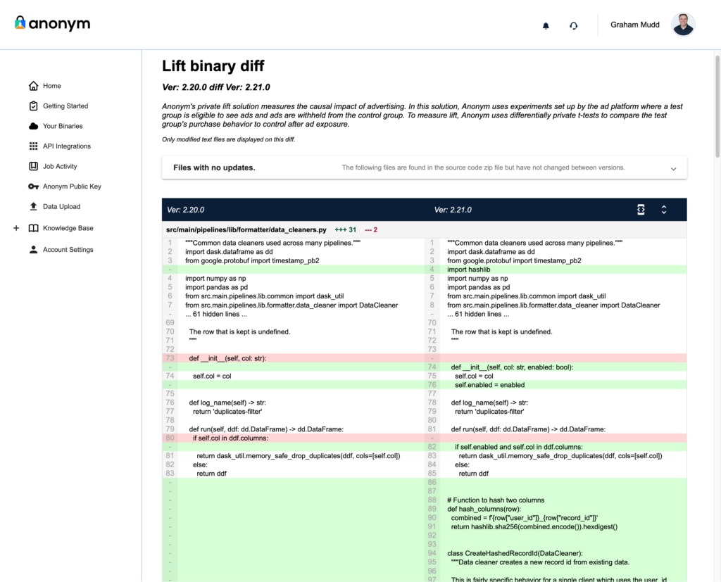 Screenshot of the "Lift Binary Diff" page in the Anonym Transparency Portal, comparing versions 2.20.0 and 2.21.0 of the Lift Binary. The header includes the Anonym logo, navigation links, and Graham Mudd's profile.  The page shows a binary description explaining how the solution measures the causal impact of advertising. Below it, a message indicates that only modified files are displayed in the diff, with unchanged files listed but omitted from the view.  The diff view compares the file src/main/pipelines/lib/formatter/data_cleaners.py between the two versions. Changes are highlighted:      Additions are shown in green, such as the introduction of enabled as a parameter in the __init__ method and new logic to check self.enabled.     Deletions are marked in red, such as lines without enabled logic in the earlier version.     Updates include added functionality for hashing columns and generating a new record ID with clearer documentation.  This structured side-by-side comparison makes it easy to identify code changes between the binary versions.