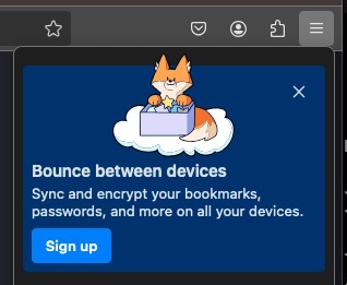 a message with an illustration of a cute fox sitting on a cloud, as well as a sign-up button, encouraging users to create a Mozilla account