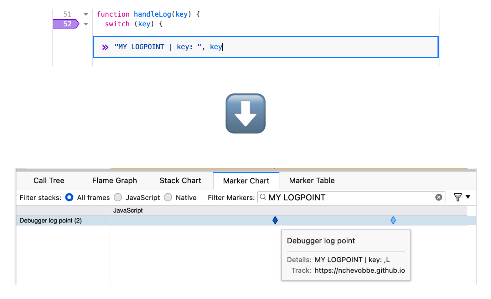 DevTools debugger log points being marked in a profiler instance