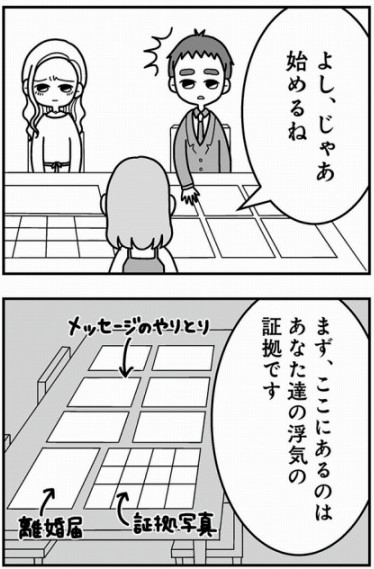 2人の前に証拠をずらりと並べるちひろ（『夫の浮気相手は中学の同級生でした』より）