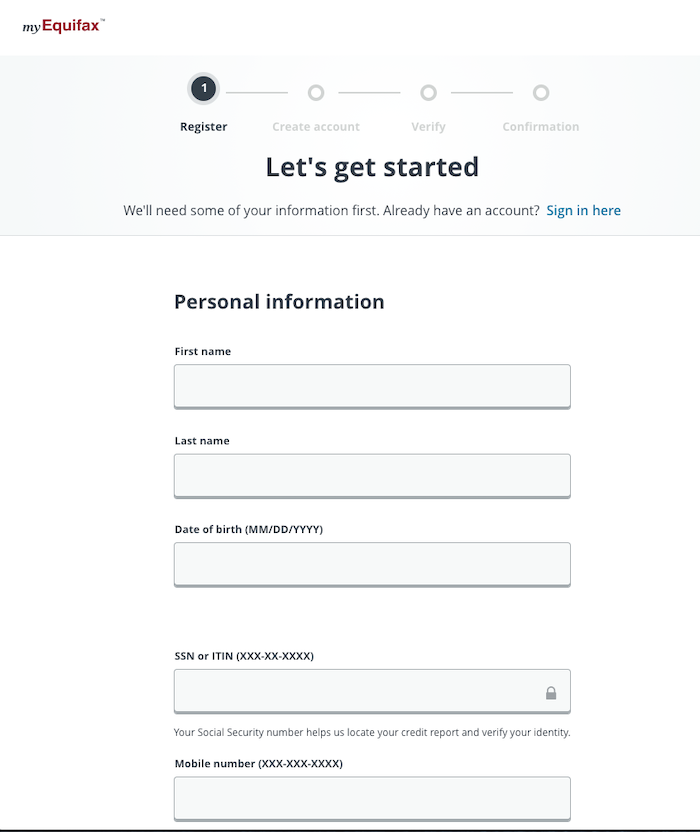 Equifax signup form page.