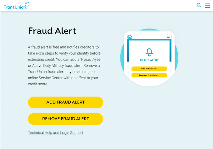 TransUnion webpage for fraud alerts.