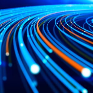 Illustration of network data represented by curving lines flowing on a dark background.