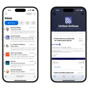 Images of iPhones, one showing mail sorted into a "Primary" category, the other showing all emails from United Ailines, with a sizable United logo at the top.