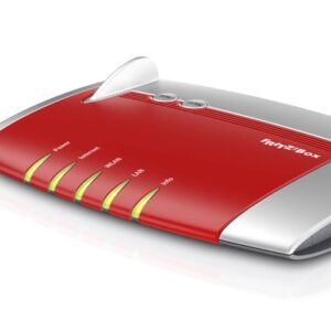 A red and silver modem, with small "wings" on the top, and the typical green light bars on the front.