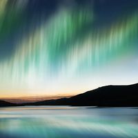 Northern lights or Southern lights, also called Aurora Borealis. Luminous phenomenon of Earth's atmosphere. (magnetism; luminous atmospheric display)