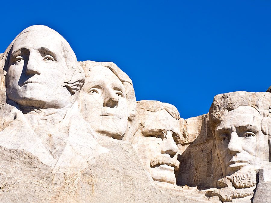 Gutzon Borglum. Presidents. Sculpture. National park. George Washington. Thomas Jefferson. Theodore Roosevelt. Abraham Lincoln. Mount Rushmore National Memorial, South Dakota.