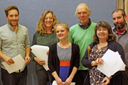 On The Rocks. Image shows from L to R: Frank Gunwallow (Joseph Kloska), Mary (Bec Applebee), Morwenna (Alex Tregear), Tregarthan (Peter Marinker), Grace (Christine Absalom), Len (Ed Gaughan). Copyright: BBC