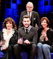 Backchat. Image shows from L to R: Joan Collins, Jack Whitehall, Michael Whitehall, Miranda Hart. Copyright: Tiger Aspect Productions