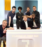 A League Of Their Own. Image shows from L to R: Andrew Flintoff, Jack Whitehall, Richard Ayoade, James Corden, Jamie Redknapp, Nicola Adams, David Walliams. Copyright: CPL Productions