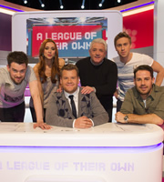 A League Of Their Own. Image shows from L to R: Jack Whitehall, Una Healy, James Corden, Kevin Keegan, Russell Howard, Jamie Redknapp. Copyright: CPL Productions