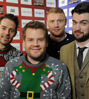 A League Of Their Own. Image shows from L to R: Jamie Redknapp, James Corden, Andrew Flintoff, Jack Whitehall. Copyright: CPL Productions