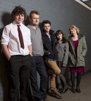 Outnumbered. Image shows from L to R: Ben (Daniel Roche), Pete (Hugh Dennis), Jake (Tyger Drew-Honey), Karen (Ramona Marquez), Sue (Claire Skinner). Copyright: Hat Trick Productions