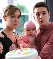 Pramface. Image shows from L to R: Laura Derbyshire (Scarlett Alice Johnson), Jamie Prince (Sean Michael Verey). Copyright: BBC / Little Comet