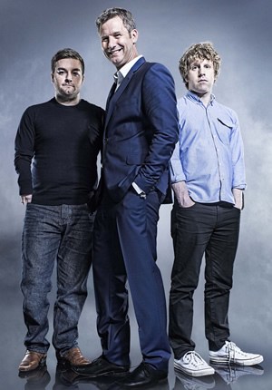 The Last Leg. Image shows from L to R: Alex Brooker, Adam Hills, Josh Widdicombe. Copyright: Open Mike Productions