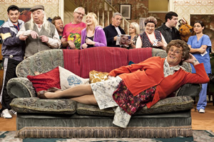 Mrs. Brown's Boys. Image shows from L to R: Buster Brady (Danny O'Carroll), Grandad Brown (Dermot O'Neill), Dino Doyle (Gary Hollywood), Rory Brown (Rory Cowan), Cathy Brown (Jennifer Gibney), Mark Brown (Pat Shields), Betty Brown (Amanda Woods), Winnie McGoogan (Eilish O'Carroll), Dermot Brown (Paddy Houlihan), Agnes Brown (Brendan O'Carroll), Maria Nicholson / Brown (Fiona O'Carroll). Copyright: BBC / BocPix