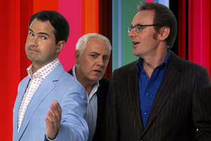 8 Out Of 10 Cats. Image shows from L to R: Jimmy Carr, Dave Spikey, Sean Lock. Copyright: Zeppotron