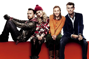 A Long Way Down. Image shows from L to R: J.J. (Aaron Paul), Jess Crichton (Imogen Poots), Maureen (Toni Collette), Martin Sharp (Pierce Brosnan)