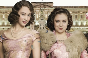 A Royal Night Out. Image shows left to right: Elizabeth (Sarah Gadon), Margaret (Bel Powley). Credit: Lions Gate