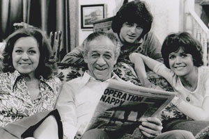 Bless This House. Image shows from L to R: Jean Abbott (Diana Coupland), Sid Abbott (Sid James), Mike Abbott (Robin Stewart), Sally Abbott (Sally Geeson). Copyright: Thames Television