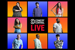 Comedy Central Live. Image shows left to right: Fatiha El-Ghorri, Rosie Jones, Lee Ridley, Ivo Graham, Thanyia Moore, Abi Clarke, Aurie Styla, Suzi Ruffell